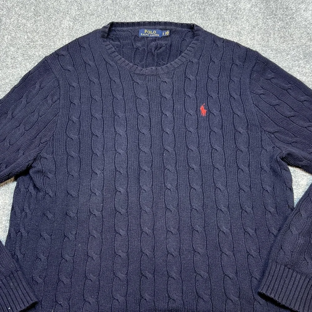 Polo Ralph Lauren Sweater Mens Large Blue Cotton Cable Knit Crewneck Pullover